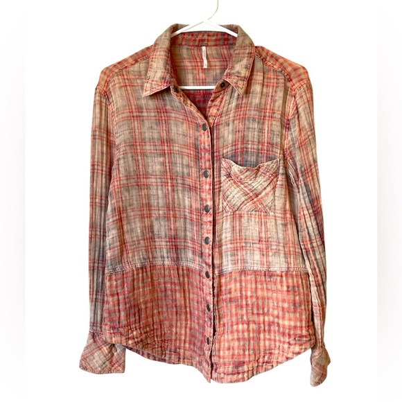 Free People Orange Gauze Plaid Button Down Top Size Small - Picture 1 of 7